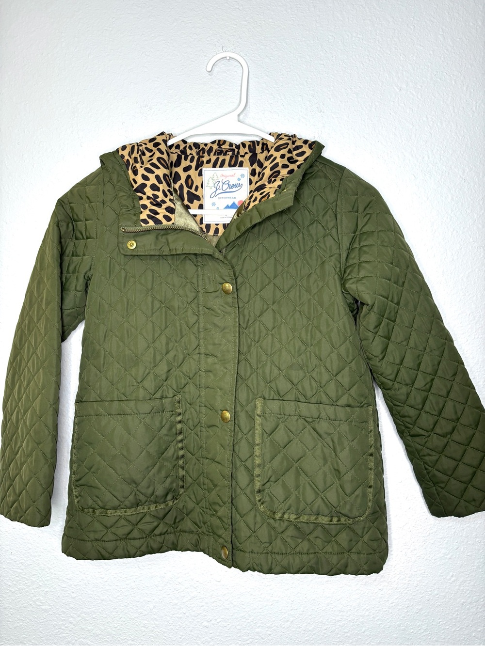 J. Crew Kids Quilted Hooded Barn Jacket Olive Green w/ Leopard 8